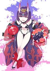 Rule 34 | 1girl, :q, ankle ribbon, body blush, breasts, cherry blossoms, cup, eyeliner, fate/grand order, fate (series), food, from above, fruit, full body, glint, grapes, hair ornament, horns, japanese clothes, leg ribbon, makeup, navel, off shoulder, petals, purple eyes, purple hair, redrop, revealing clothes, ribbon, sakazuki, short hair, shuten douji (fate), shuten douji (first ascension) (fate), sitting, skin-covered horns, small breasts, solo, thick eyebrows, toes, tongue, tongue out