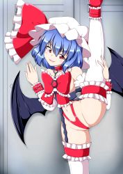 Rule 34 | 1girl, alternate costume, blue hair, blush, bow, choker, hat, hat ribbon, highres, kagayama hajime, leg lift, looking at viewer, mob cap, o-ring, open mouth, partially visible vulva, red bow, red ribbon, remilia scarlet, ribbon, shiny clothes, solo, split, standing, standing on one leg, standing split, thighhighs, touhou, vampire, white hat, white heawear, white thighhighs, wings