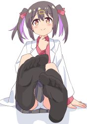 Rule 34 | 1girl, arm at side, black skirt, black socks, brown eyes, brown hair, changaa, closed mouth, coat, collared shirt, colored inner hair, commentary request, dot nose, feet, foot focus, full body, hair ornament, hair ribbon, hairclip, hand up, highres, lab coat, long sleeves, looking at viewer, medium hair, multicolored hair, no shoes, onii-chan wa oshimai!, open clothes, open coat, oyama mihari, panties, pleated skirt, purple hair, red ribbon, red shirt, ribbon, shirt, short twintails, sidelocks, simple background, skirt, socks, soles, solo, twintails, two-tone hair, underwear, white background, white coat, white panties