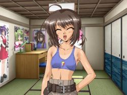 Rule 34 | 1girl, :d, ahoge, aoba nanami, armpits, belt, bikini tan, blush, book, bookshelf, brown hair, chair, closed eyes, desk, flat chest, game cg, hair ornament, hand on own hip, indoors, jpeg artifacts, lamp, looking at viewer, midriff, minna de nyan nyan, navel, office chair, open mouth, poster (object), short hair, short twintails, sirpent, smile, solo, sports bra, standing, studded belt, swivel chair, tan, tanline, tatami, twintails, upper body