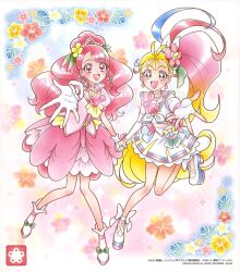 Rule 34 | 2girls, ankle bow, ankle ribbon, blonde hair, bow, choker, cure grace, cure summer, earrings, full body, gloves, hair strand, hanadera nodoka, healin&#039; good precure, highres, holding hands, jewelry, leaf earrings, long hair, magical girl, midriff, multiple girls, natsuumi manatsu, official art, pink choker, pink eyes, pink hair, pink sailor collar, precure, ribbon, sailor collar, side ponytail, smile, third-party source, triangle earrings, tropical-rouge! precure, white footwear, white gloves, wide ponytail