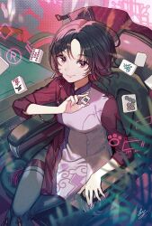 Rule 34 | 1girl, absurdres, black hair, breasts, cherico, china dress, chinese clothes, colored inner hair, dress, earrings, gradient hair, grey pantyhose, hair ornament, hairclip, highres, holding, holding mahjong tile, holographic interface, iris black games, jacket, jewelry, kisaragi ren (vtuber), looking at viewer, mahjong, mahjong table, mahjong tile, mandarin collar, medium breasts, multicolored hair, pantyhose, paw print, pink dress, plant, red eyes, red hair, red jacket, red sleeves, signature, single earring, sitting, sleeves past elbows, smile, solo, table, thigh strap, unworn jacket, virtual youtuber, vspo!