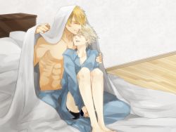 Rule 34 | 10s, 2boys, arm around shoulder, bed, blanket, blonde hair, closed eyes, highres, ivan karelin, keith goodman, male focus, multiple boys, murata0033, muscular, open mouth, pajamas, shirt, topless male, short hair, smile, tiger &amp; bunny, yaoi