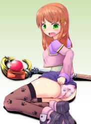 Rule 34 | artist request, ass, bad id, bad pixiv id, blush, green eyes, hair ornament, hairclip, long hair, lying, on side, open mouth, orange hair, panties, paw print, pink panties, print panties, skirt, skirt tug, solo, sophia esteed, staff, star ocean, star ocean till the end of time, thighhighs, underwear, upskirt