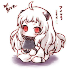 Rule 34 | 10s, 1girl, abyssal ship, ahoge, barefoot, commentary request, dress, full body, holding, horns, kantai collection, kneeling, kouzuki mayuki, long hair, mittens, northern ocean princess, pale skin, red eyes, simple background, sleeveless, sleeveless dress, solo, translation request, white background, white dress, white hair