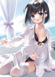 Rule 34 | 1girl, :d, bear hair ornament, bed sheet, bikini, bikini under clothes, black bikini, black hair, black ribbon, blue eyes, blush, breasts, commentary request, front-tie bikini top, front-tie top, futaba miwa, hair ornament, hairclip, indoors, long sleeves, looking at viewer, no shoes, one side up, open clothes, open mouth, open shirt, original, oversized clothes, partially unbuttoned, ribbon, shirt, short hair, signature, sitting, sleeves past wrists, small breasts, smile, solo, stuffed animal, stuffed toy, swimsuit, teddy bear, thighhighs, white shirt, white thighhighs, window, yokozuwari