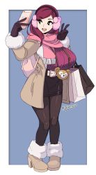 Rule 34 | 1girl, backpack, bag, belt, beryl (junkpuyo), black eyes, black pantyhose, blue background, boots, breasts, brown coat, cellphone, coat, duffy the disney bear, earmuffs, eyebrows, full body, gloves, highres, huge breasts, junkpuyo, large breasts, long hair, long sleeves, md5 mismatch, miniskirt, open mouth, original, pantyhose, peace symbol, phone, pink scarf, pocket, red hair, resized, scarf, selfie pose, shopping bag, simple background, skirt, smartphone, smartphone case, smile, solo, standing, sweater, swept bangs, twitter username, v