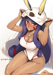 Rule 34 | 1girl, animal ears, bare legs, bare shoulders, barefoot, blush, breasts, cleavage, closed mouth, dark-skinned female, dark skin, facial mark, fate/grand order, fate (series), hair tubes, jewelry, large breasts, long hair, looking at viewer, necklace, nitocris (fate), nitocris (fate/grand order), nitocris (swimsuit assassin) (fate), nitocris (swimsuit assassin) (second ascension) (fate), nose blush, one-piece swimsuit, purple eyes, purple hair, sidelocks, sitting, solo, sweat, swimsuit, twitter username, very long hair, wariza, white one-piece swimsuit, yanagi (tsukiakari)