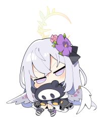 Rule 34 | 1girl, azusa (blue archive), blue archive, blush, chibi, donmin h, flower, hair flower, hair ornament, halo, highres, hugging object, ribbon, school uniform, silver hair, simple background, solo, stuffed toy, symbol-only commentary, wings