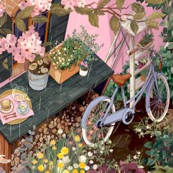 Rule 34 | bicycle, cream puff, cup, flower, food, fork, highres, ladder, leaf, mochipanko, no humans, original, out of frame, pink flower, plant, potted plant, sandwich, spoon, teapot, transparent, white flower, wood, yellow flower