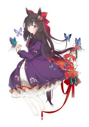 Rule 34 | 1girl, absurdres, animal ears, ascot, black hair, bow, bug, butterfly, closed mouth, collared dress, commentary request, daiichi ruby (umamusume), dress, flat chest, flower, frown, full body, hair bow, hair flower, hair ornament, highres, horse ears, horse girl, horse tail, insect, juliet sleeves, long hair, long sleeves, looking at viewer, no shoes, pantyhose, petticoat, pink eyes, puffy sleeves, purple dress, red ascot, simple background, solarisyuri!, solo, standing, tail, twitter username, umamusume, v-shaped eyebrows, white background, white pantyhose