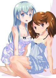 Rule 34 | 2girls, aqua eyes, aqua hair, bare legs, bare shoulders, blush, breasts, brown eyes, brown hair, camisole, cleavage, collarbone, commentary request, hair ornament, hairclip, kantai collection, kneeling, long hair, looking at viewer, medium breasts, multiple girls, no headwear, no headwear, open mouth, ryuujou (kancolle), sitting, sleeveless, small breasts, smile, suzuya (kancolle), twintails, yamaneko suzume