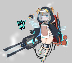 Rule 34 | 1girl, absurdres, axe, bailingxiao jiu, black gloves, black jacket, blue eyes, blush, boots, brown hair, closed mouth, covered navel, full body, gloves, grey background, grey hair, highres, holding, holding axe, holding weapon, holographic interface, hood, hood up, hooded jacket, jacket, knee boots, long sleeves, looking at viewer, multicolored hair, open clothes, open jacket, original, puffy long sleeves, puffy sleeves, robot, roller skates, see-through, simple background, skates, sleeves past wrists, solo, standing, standing on one leg, streaked hair, visor, weapon, weapon request
