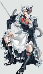 Rule 34 | 1boy, alternate costume, animal ears, anthonykaen, apron, black dress, black footwear, black hair, black socks, bow, bowtie, buttons, cat boy, cat ears, cat tail, commentary, crossdressing, dress, earrings, eating, elbow on knee, elbow rest, emet-selch, english commentary, enmaided, final fantasy, final fantasy xiv, food, food on face, frilled apron, frilled dress, frilled hairband, frills, from above, full body, furrowed brow, garlean, grey background, hairband, hand on own knee, hand up, highres, holding, holding food, jewelry, juliet sleeves, kemonomimi mode, legwear garter, long sleeves, looking at viewer, maid, maid apron, maid headdress, male focus, mary janes, multicolored hair, open mouth, parted bangs, popsicle, puffy sleeves, red bow, red bowtie, ribbon, shoes, short hair, simple background, sitting, socks, solo, tail, tail ornament, tail ribbon, third eye, two-tone hair, white apron, white hair, yellow eyes