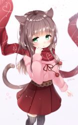Rule 34 | 1girl, :&lt;, absurdres, animal ear fluff, animal ears, black thighhighs, blush, breasts, brown hair, cat ears, cat girl, cat tail, closed mouth, commentary request, gradient background, green eyes, grey background, hand up, highres, long hair, long sleeves, looking at viewer, medium breasts, off-shoulder shirt, off shoulder, omoomomo, original, pink shirt, pleated skirt, puffy long sleeves, puffy sleeves, red scarf, red skirt, ribbed legwear, scarf, shirt, signature, skirt, sleeves past wrists, solo, tail, thighhighs, very long hair, white background