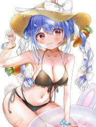 Rule 34 | 1girl, animal ears, bad hand, bad id, bad twitter id, bikini, blue hair, blush, braid, breasts, carrot hair ornament, cleavage, feet out of frame, food-themed hair ornament, hair ornament, hat, hololive, innertube, light smile, long hair, looking at viewer, medium breasts, multicolored hair, nagisa osamu, rabbit ears, rabbit girl, rabbit tail, red eyes, simple background, solo, swim ring, swimsuit, tail, twin braids, twintails, two-tone hair, usada pekora, virtual youtuber, white background