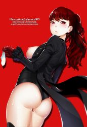 Rule 34 | 1girl, absurdres, aftersex, artist name, ass, blush, breasts, condom, dannex009, from behind, gloves, highres, holding, holding condom, looking at viewer, nipples, persona, persona 5, persona 5 the royal, ponytail, red background, red gloves, red hair, solo, standing, sweat, thick thighs, thighs, used condom, watermark, web address, wet, yoshizawa kasumi