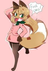 Rule 34 | 1girl, :3, :d, animal ears, animal nose, averi (fiddleafox), blush, body fur, commentary, digitigrade, english commentary, english text, fangs, fiddleafox, flight attendant, fox ears, fox girl, fox tail, full body, furry, furry female, green eyes, green neckwear, hand on own head, hand on own hip, leg up, long hair, looking at viewer, open mouth, pink background, pink skirt, red fox, simple background, skirt, smile, snout, solo, standing, tail, travel attendant, white fur, yellow fur