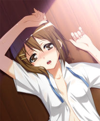 Rule 34 | 1girl, blush, brown eyes, brown hair, from above, hair ornament, hairclip, hirasawa yui, k-on!, looking at viewer, lying, no bra, number23, on back, open clothes, open mouth, open shirt, round teeth, shade, shirt, short hair, solo, teeth, upper body, wet
