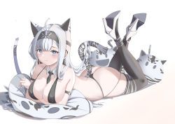 Rule 34 | 1girl, ahoge, animal ears, anklet, arm belt, arms under breasts, ass, bad id, bad pixiv id, between legs, black bra, black necktie, black skirt, black thighhighs, blue eyes, blunt bangs, blush, bra, bracelet, breasts, cake walker, cleavage, closed mouth, collarbone, crossed ankles, crossed arms, detached collar, earclip, extra ears, feet up, full body, headband, high heels, highres, jewelry, knees together feet apart, large breasts, long hair, long sleeves, looking at viewer, lying, miniskirt, mole, mole on breast, necktie, o-ring, off shoulder, on stomach, original, pillow, pleated skirt, print thighhighs, shoe soles, short necktie, silver hair, simple background, skindentation, skirt, smile, solo, stiletto heels, straight hair, stuffed animal, stuffed tiger, stuffed toy, tail, the pose, thighhighs, tiger ears, tiger girl, tiger stripes, tiger tail, underwear, very long hair, white background, wide sleeves