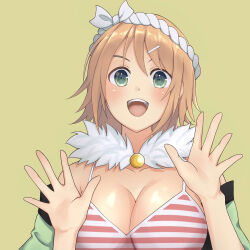 Rule 34 | 1girl, :d, arms up, bare shoulders, blush, breasts, camisole, cleavage, collarbone, detached collar, fur collar, green eyes, green kimono, hachimaki, hair between eyes, hair ornament, hairclip, hanabi (senran kagura), headband, japanese clothes, kimono, large breasts, lemonrou, looking at viewer, night, night sky, open mouth, orange hair, palms, red stripes, senran kagura, senran kagura estival versus, short hair, simple background, sky, smile, solo, spaghetti strap, striped, tank top, teeth, tongue, upper body, upper teeth only, white headwear