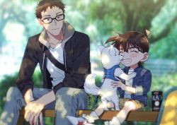 Rule 34 | 2boys, ^ ^, animal, blue jacket, blurry, blurry background, blush, brown eyes, brown hoodie, brown shorts, can, canned coffee, casual, child, closed eyes, closed mouth, commentary request, day, dog, drawstring, drink can, edogawa conan, glasses, grey pants, grin, hair between eyes, harness, holding, holding leash, hood, hood down, hoodie, jacket, k (gear labo), kazami yuuya, leash, licking, long sleeves, looking at another, male focus, meitantei conan, multiple boys, open clothes, open hoodie, open jacket, outdoors, pants, shirt, shoes, short hair, shorts, sitting, skateboard, smile, sneakers, socks, teeth, tongue, tongue out, white dog, white footwear, white legwear, white shirt