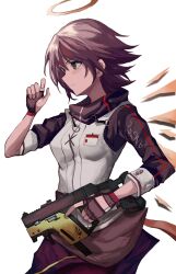 Rule 34 | 1girl, arknights, black gloves, closed mouth, detached wings, exusiai (arknights), fingerless gloves, gloves, grey skirt, gun, halo, highres, holding, holding gun, holding weapon, id card, jacket, kriss vector, orange eyes, red hair, ruyu (txzy22), short hair, simple background, skirt, solo, submachine gun, weapon, white background, white jacket, wings