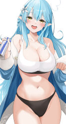 Rule 34 | 1girl, :d, absurdres, ahoge, black panties, blue hair, blush, bottle, braid, breasts, cleavage, coat, curvy, elf, flower, hair flower, hair ornament, heart, heart ahoge, highres, holding, holding bottle, hololive, itamikiko, large breasts, long hair, long pointy ears, off shoulder, open clothes, open coat, open mouth, panties, pointy ears, sake bottle, side braid, simple background, smile, solo, sports bra, underwear, very long hair, virtual youtuber, white background, yellow eyes, yukihana lamy
