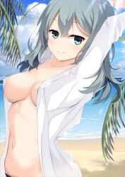 Rule 34 | 1girl, aqua eyes, aqua hair, arms up, beach, blush, breasts, closed mouth, collarbone, commentary, covered erect nipples, crossed bangs, day, double-parted bangs, eyelashes, hair between eyes, highres, lab coat, large breasts, leaning back, long hair, long sleeves, looking at viewer, naked labcoat, navel, no bra, ocean, okaeru, outdoors, palm leaf, riddle joker, shikibe mayu, smile, solo, stomach, sunlight, sweat, upper body, wavy hair