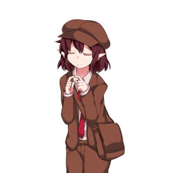 Rule 34 | 1girl, 3:, bad id, bad pixiv id, bag, blazer, brown hair, brown hat, brown jacket, brown shorts, cabbie hat, closed eyes, closed mouth, collared shirt, facing viewer, fingers together, flat chest, forbidden scrollery, frown, hammer (sunset beach), hat, highres, index fingers together, jacket, leaning forward, necktie, no wings, pointy ears, shameimaru aya, shameimaru aya (newsboy), shirt, short hair, shorts, shoulder bag, slouching, solo, sweat, tie clip, touhou