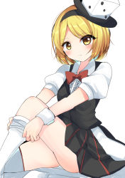 Rule 34 | 1other, adjusting clothes, adjusting legwear, androgynous, blonde hair, blush, bow, bowtie, dice hair ornament, hair ornament, highres, len&#039;en, necktie, one-hour drawing challenge, ougi hina, puffy short sleeves, puffy sleeves, short hair, short sleeves, skirt, solo, thighhighs, thighhighs pull, vest, white thighhighs, xeno a, yellow eyes