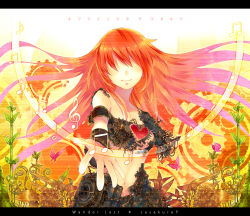 Rule 34 | 1girl, bad id, bad pixiv id, bug, butterfly, chain, crop top, detached sleeves, faceless, flower, foreshortening, gears, gradient hair, heart, insect, letterboxed, long hair, lyrics, mechanical parts, megurine luka, midriff, multicolored hair, musical note, navel, no eyes, outstretched arm, outstretched hand, pink hair, pov, reaching, red hair, renta, renta (deja-vu), smile, solo, song name, very long hair, vocaloid, wander last (vocaloid)