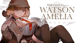 Rule 34 | 1girl, :o, absurdres, blonde hair, blue eyes, brown hat, brown jacket, brown thighhighs, character name, detective, gun, hair between eyes, hair ornament, hat, highres, hololive, hololive english, jacket, john kafka, looking at viewer, necktie, open mouth, pocket watch, polo shirt, red neckwear, shirt, short hair, smoke, smoking barrel, smoking pipe, thighhighs, virtual youtuber, watch, watson amelia, weapon, white background, white shirt