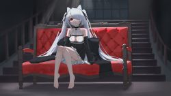 Rule 34 | 1girl, absurdres, azur lane, barefoot, black dress, breasts, cone hair bun, couch, dress, full body, hair bun, hair over one eye, highres, indoors, kiev (azur lane), kiev (backstreet silver sonata) (azur lane), long hair, looking at viewer, official alternate costume, one eye covered, red eyes, rinmia, sitting, small breasts, solo, stairs, twintails, two-tone dress, very long hair, white dress, white hair