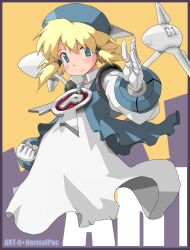 Rule 34 | 1girl, blonde hair, blue eyes, blue hat, blue jacket, blush, character name, closed mouth, cropped legs, dress, gloves, grey dress, hair tubes, hat, jacket, long sleeves, looking at viewer, pixiv, pixiv-tan, short hair, solo, soutasan, white gloves