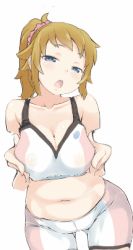 Rule 34 | 10s, 1girl, animated, animated gif, blonde hair, blue eyes, blush, breasts, cleavage, female focus, grabbing, grabbing another&#039;s breast, gundam, gundam build fighters, gundam build fighters try, hoshino fumina, hybrid animation, large breasts, lowres, midriff, navel, nipples, open mouth, plump, simple background, solo, white background