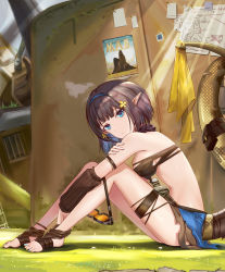 Rule 34 | 1girl, absurdres, arknights, bandeau, bare shoulders, black hair, blue eyes, breasts, colored inner hair, eunectes (arknights), feet, from side, goggles, unworn goggles, hairband, head tilt, highres, knees up, looking at viewer, looking to the side, medium breasts, midriff, momosawa nao, multicolored hair, nail polish, outdoors, pointy ears, poster (object), short hair, sidelocks, sitting, snake tail, solo, tail, tail raised, thigh strap, thighs, toenail polish, toenails, torn clothes