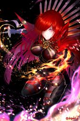 Rule 34 | 1girl, absurdres, black background, black bodysuit, bodysuit, cape, chain, collared cape, family crest, fate/grand order, fate (series), fire, full body, hair over one eye, highres, holding, holding sword, holding weapon, katana, medallion, oda nobunaga (fate), oda nobunaga (maou avenger) (fate), oda uri, popped collar, pyrokinesis, red cape, red eyes, red hair, shigaki, simple background, solo, sword, tight top, twitter username, weapon