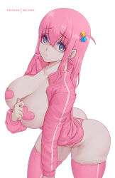 Rule 34 | 1girl, absurdres, aqua eyes, artist name, ass, bent over, bocchi the rock!, breasts, cleavage, collarbone, commentary, cube hair ornament, gotoh hitori, hair between eyes, hair ornament, hair over eyes, heart pasties, highres, huge breasts, jacket, long hair, long sleeves, looking at viewer, melowh, one side up, open clothes, open jacket, panties, pasties, patreon username, pink hair, pink jacket, pink panties, pink theme, pink thighhighs, simple background, sleeves past wrists, solo, thighhighs, thighs, thong, track jacket, underwear, white background