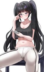 Rule 34 | 1girl, absurdres, adjusting eyewear, black skirt, blush, breasts, cameltoe, cleavage, collarbone, commission, cropped shirt, grey eyes, highres, holding, holding phone, large breasts, long hair, navel, original, pants, phone, simple background, skirt, solo, spread legs, stomach, suisen (suisenhwa), sweatdrop, twintails, white background, white pants