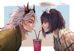 Rule 34 | 1boy, 1girl, alternate costume, arataki itto, blue hair, canicoooo, casual, checkered clothes, coat, commentary, couple, cup, dark blue hair, dated, drinking straw, earrings, english commentary, eyelashes, facial mark, genshin impact, gradient background, green jacket, hairband, highres, horns, jacket, jewelry, kujou sara, lips, multicolored hair, oni, oni horns, outside border, red eyes, red hair, red horns, shared drink, shared food, short hair, signature, silver hair, sweater, turtleneck, turtleneck sweater, two-tone hair, white coat, yellow eyes