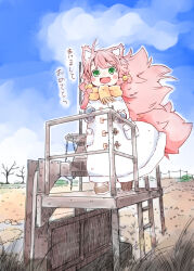Rule 34 | 1girl, animal ear fluff, animal ears, bare tree, blue mittens, blue sky, blush stickers, brown footwear, cloud, coat, day, fang, field, floating hair, fluffy hair, fox ears, fox girl, fox tail, full body, grass, green eyes, hair bobbles, hair ornament, hand on railing, hatching (texture), highres, ladder, long hair, long sleeves, looking at viewer, low-tied sidelocks, mittens, nomeoil, open mouth, original, outdoors, pink hair, platform, power lines, scarf, shoes, skin fang, sky, smile, solo, standing, tail, translation request, tree, valve, white coat, yellow scarf