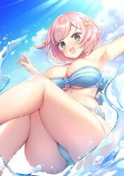 Rule 34 | 1girl, :d, absurdres, armpits, bare shoulders, bikini, blue bikini, breasts, buckle, bursting breasts, cleavage, cloud, cloudy sky, curvy, day, feet out of frame, grey eyes, hair ribbon, happy, highres, large breasts, light blush, looking at viewer, mg kurino, open mouth, original, outdoors, outstretched arm, partially submerged, pink hair, ribbon, short hair, sky, smile, solo, strapless, strapless bikini, swept bangs, swimsuit, thick thighs, thighs, underboob, undersized clothes, water, wet, yellow ribbon