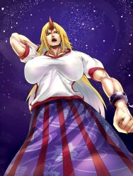 Rule 34 | 1girl, blonde hair, breasts, clenched hand, commentary request, cowboy shot, cuffs, from below, horns, hoshiguma yuugi, large breasts, long hair, looking at viewer, looking down, minami koyogi, muscular, muscular female, nail polish, open mouth, parted bangs, purple background, purple skirt, red eyes, red horns, red nails, red skirt, shackles, shirt, single horn, skirt, solo, striped clothes, striped skirt, t-shirt, touhou, white shirt