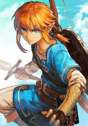 Rule 34 | 1boy, blonde hair, blue eyes, blue shirt, boots, bow (weapon), brown gloves, brown pants, closed mouth, cloud, day, earrings, fingerless gloves, gloves, holding, holding sword, holding weapon, hungry clicker, jewelry, knee boots, link, long sleeves, nintendo, outdoors, pants, pointy ears, ponytail, sheikah slate, shield, shield on back, shirt, solo, sword, the legend of zelda, the legend of zelda: breath of the wild, tunic, weapon