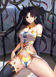 Rule 34 | &gt;:(, 1girl, arm support, asymmetrical clothes, asymmetrical legwear, bare shoulders, black gloves, black hair, black thighhighs, breasts, cage, cleavage, closed mouth, crown, cyicheng, earrings, elbow gloves, fate/grand order, fate (series), frown, gloves, gluteal fold, hair ribbon, hoop earrings, in cage, ishtar (fate), jewelry, long hair, looking at viewer, medium breasts, midriff, navel, neck ring, red eyes, ribbon, single elbow glove, single thighhigh, sitting, solo, spread legs, stomach, sword, tentacles, thighhighs, thighs, tohsaka rin, two side up, uneven legwear, v-shaped eyebrows, weapon