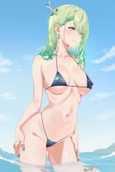 Rule 34 | 1girl, absurdres, antlers, bikini, black bikini, blue nails, blue sky, breasts, ceres fauna, collarbone, commentary, covered erect nipples, cowboy shot, day, earrings, english commentary, flower, green hair, grin, groin, hair flower, hair ornament, highres, hololive, hololive english, horns, jewelry, kasagi uwu, large breasts, leaf, micro bikini, mole, mole under eye, nail polish, navel, outdoors, ribs, skindentation, sky, smile, solo, stomach, swimsuit, thighs, virtual youtuber, wading, yellow eyes
