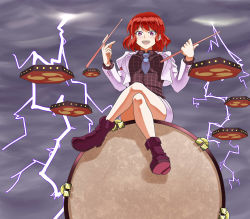 Rule 34 | 1girl, blue necktie, breasts, collared shirt, crossed legs, drum, drumsticks, highres, hinagami, horikawa raiko, instrument, jacket, large breasts, lightning, looking at viewer, necktie, open mouth, plaid, plaid shirt, purple eyes, red hair, shirt, shoes, short hair, sitting on drum, skirt, smile, solo, touhou