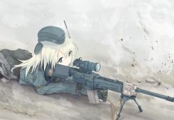 Rule 34 | 10s, 1girl, aiming, assault rifle, bipod, blonde hair, blue eyes, cropped jacket, debris, expressionless, garrison cap, gun, hat, kantai collection, long sleeves, lying, nao (qqqbb), on ground, on stomach, outdoors, rifle, sniper, solo, u-511 (kancolle), upper body, weapon