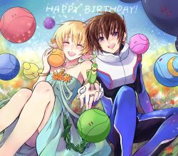Rule 34 | 1boy, 1girl, :d, bird, blonde hair, blush, bracelet, breasts, brother and sister, brown hair, cagalli yula athha, collarbone, dress, closed eyes, green dress, gundam, gundam seed, holding hands, happy birthday, haro, highres, interlocked fingers, jewelry, kira yamato, looking at viewer, medium breasts, necklace, open mouth, pilot suit, ring, short dress, short hair, siblings, sleeveless, sleeveless dress, smile, spoilers, strapless, strapless dress, yuuka seisen